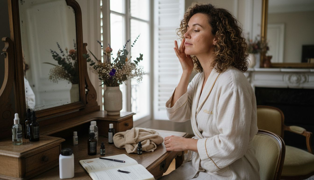 Une femme prend soin de sa peau en appliquant une huile naturelle pour sublimer son visage.