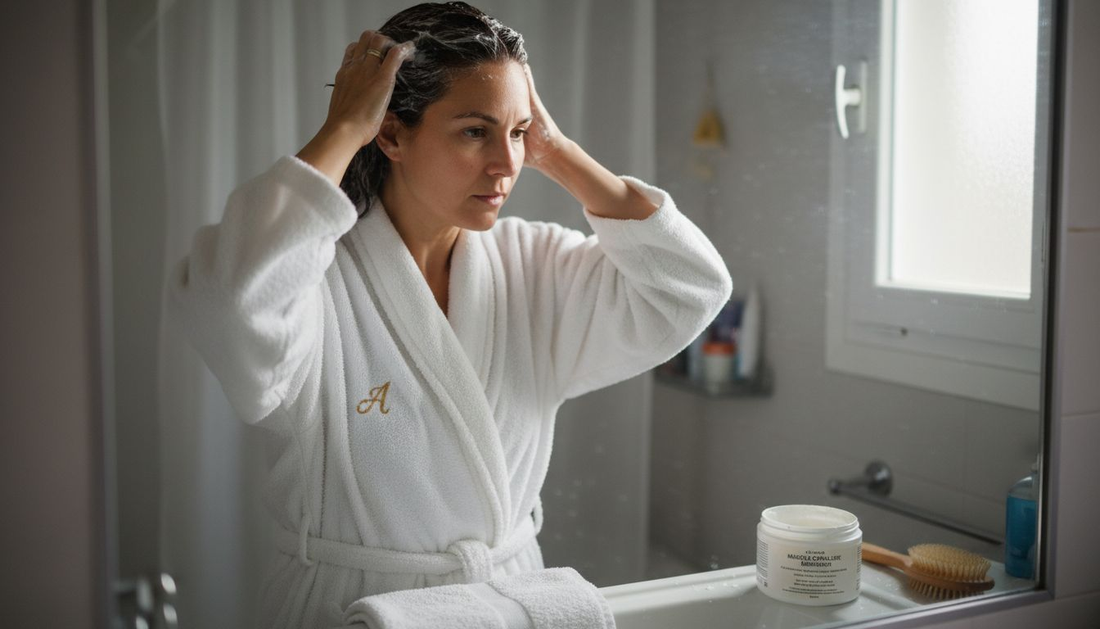 Une femme prend soin de ses cheveux en appliquant un masque dans sa salle de bain.