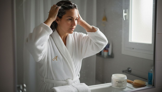 Une femme prend soin de ses cheveux en appliquant un masque dans sa salle de bain.