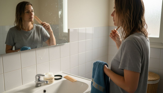 Une femme se coiffe tranquillement devant le miroir, baignée par la lumière du matin qui inonde sa salle de bain.
