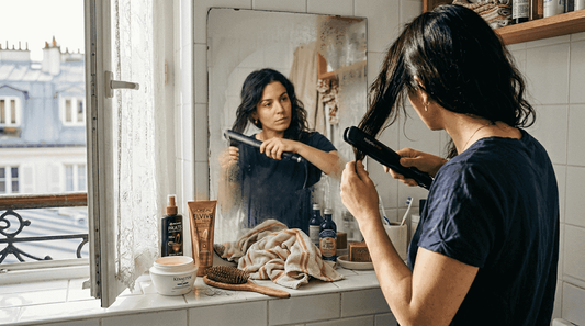 Une femme se lisse les cheveux avec un fer à lisser chez elle.