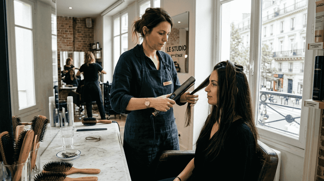 Dans un salon baigné de lumière, une coiffeuse tendance sublime la chevelure de sa cliente avec talent.