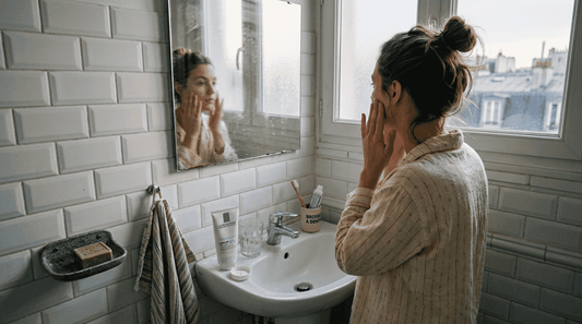Une femme prend soin de sa peau en appliquant un soin visage devant le miroir de sa salle de bain.