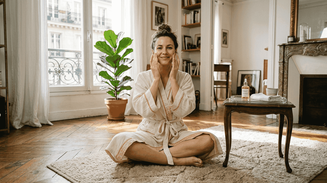 Une femme prend soin de sa peau en réalisant un massage du visage chez elle.