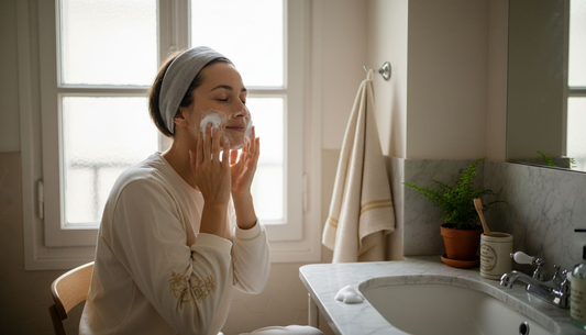 Une femme prend soin de sa peau en réalisant un rituel beauté chez elle.
