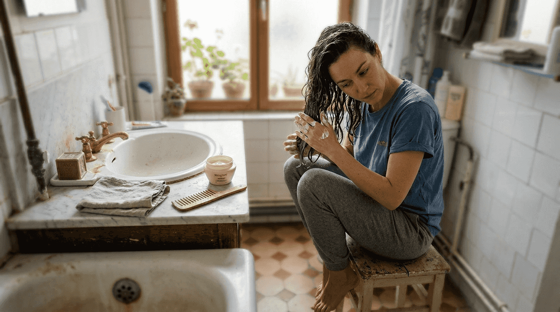 Une femme prend soin de ses cheveux en appliquant un masque capillaire devant son miroir de salle de bain.