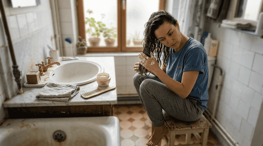 Une femme prend soin de ses cheveux en appliquant un masque capillaire devant son miroir de salle de bain.