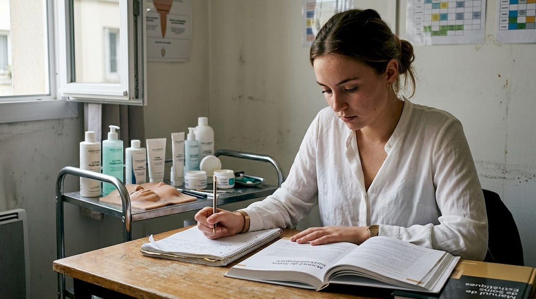 Une élève en école d’esthétique en pleine révision de son cours