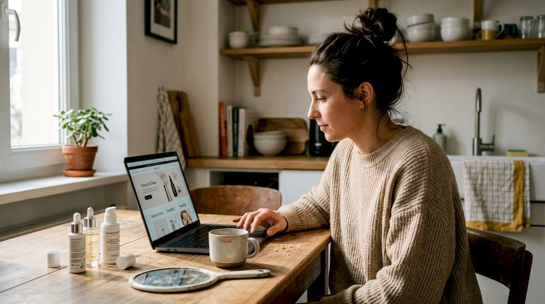 Installée dans sa cuisine, une femme profite d’un moment de calme pour faire son shopping beauté en ligne.