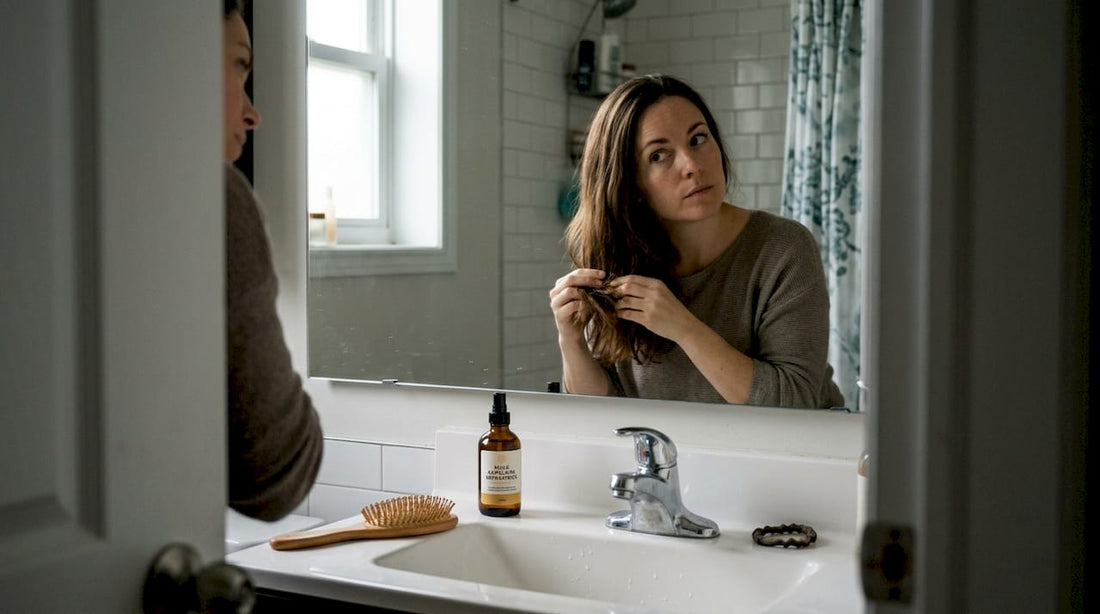 Une femme se regarde les cheveux devant le miroir de sa salle de bain.