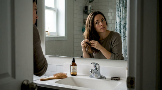 Une femme se regarde les cheveux devant le miroir de sa salle de bain.