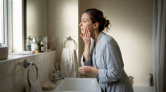 Le matin, une femme prend soin de sa peau en appliquant son sérum devant le lavabo.