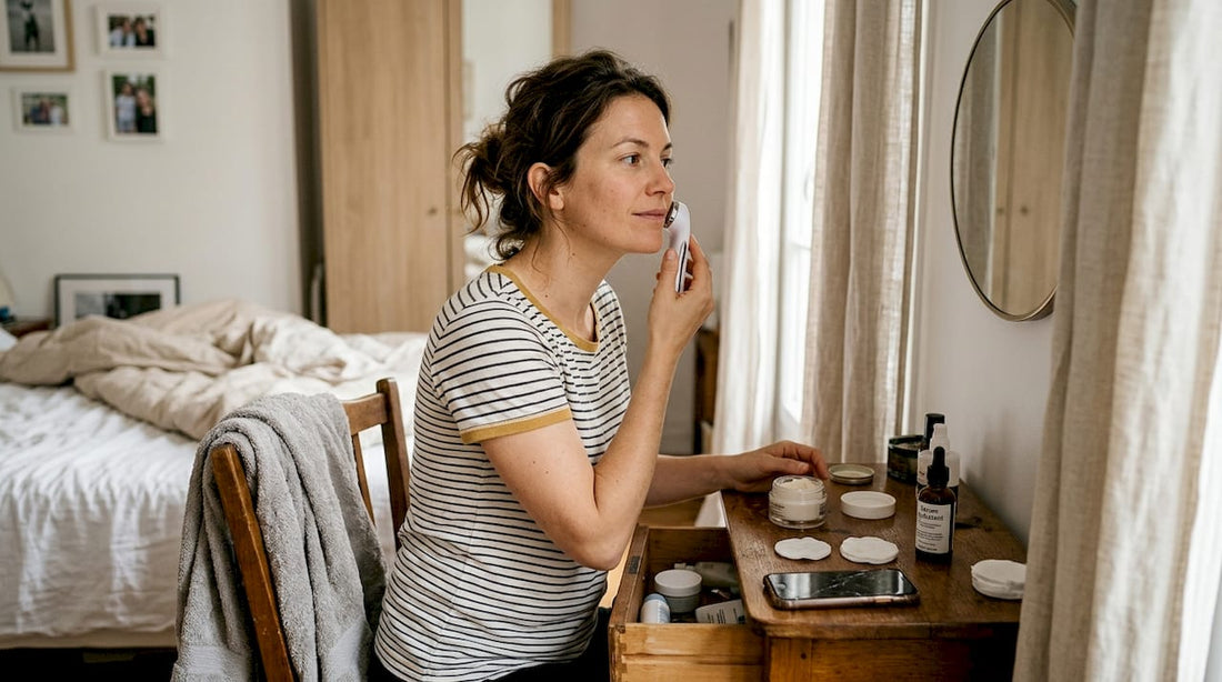 Une femme prend soin de sa peau chez elle grâce à un appareil de beauté.