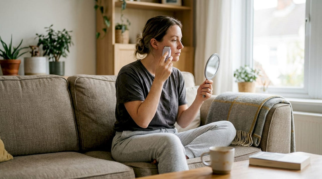 Une femme se détend sur son canapé tout en prenant soin de sa peau avec un appareil de beauté.