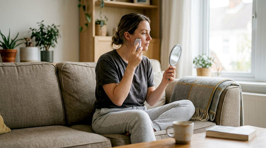 Une femme se détend sur son canapé tout en prenant soin de sa peau avec un appareil de beauté.