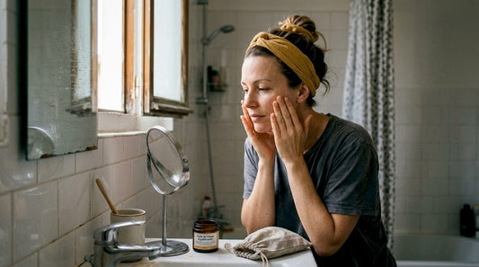 Une femme prend soin de sa peau en appliquant une huile sur son visage devant le miroir de sa salle de bain.