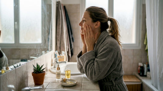 Une femme prend soin de sa peau en appliquant son sérum visage dans une salle de bain lumineuse.