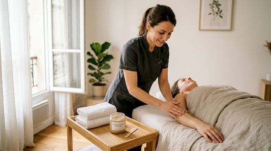 Une esthéticienne s'apprête à réaliser une épilation à la cire sur le bras d'une cliente, en préparant soigneusement la peau.