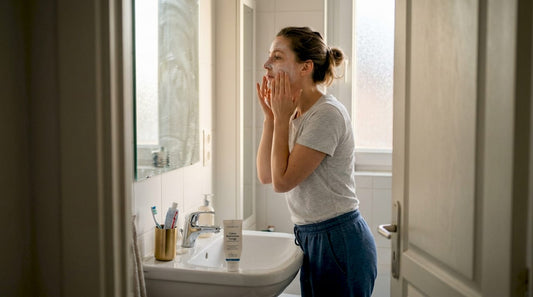 Une femme prend soin de sa peau en se faisant un masque dans sa salle de bain.