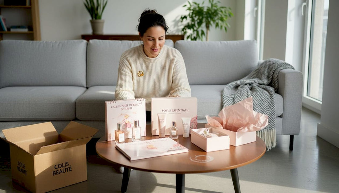 Une femme prend le temps de sélectionner des coffrets beauté, confortablement installée chez elle.