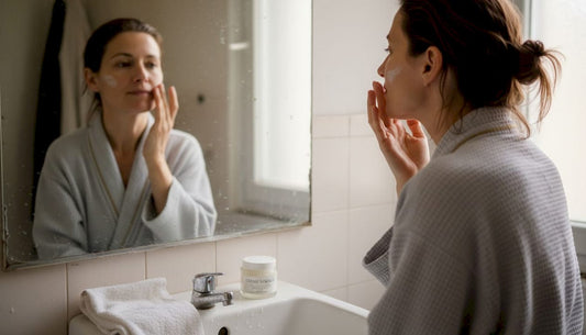 Une femme prend soin de sa peau en appliquant une crème aux peptides devant son lavabo.
