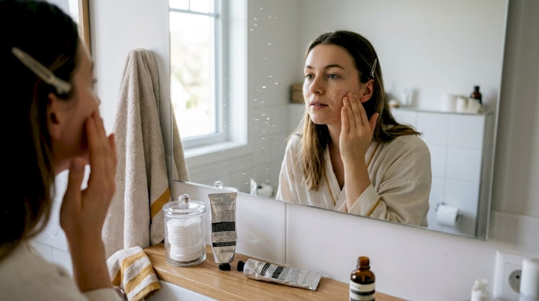 Une femme applique son sérum visage devant le miroir de sa salle de bain.