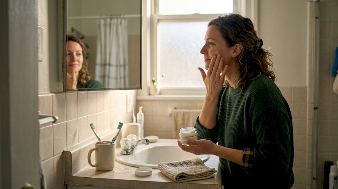 Une femme prend soin de sa peau en appliquant sa crème hydratante lors de sa routine beauté du matin.