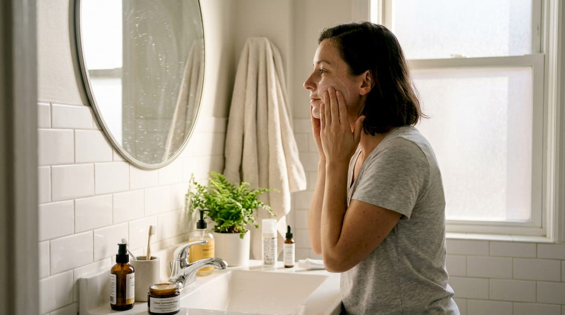 Une femme prend soin de sa peau en douceur chez elle, profitant d’un rituel beauté apaisant.