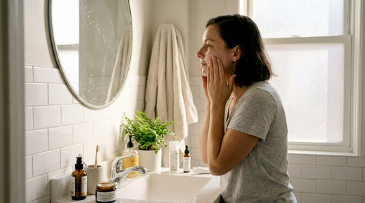 Une femme prend soin de sa peau en douceur chez elle, profitant d’un rituel beauté apaisant.