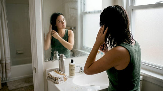Une femme prend soin de ses cheveux en utilisant un shampoing sans sulfate dans sa salle de bain.
