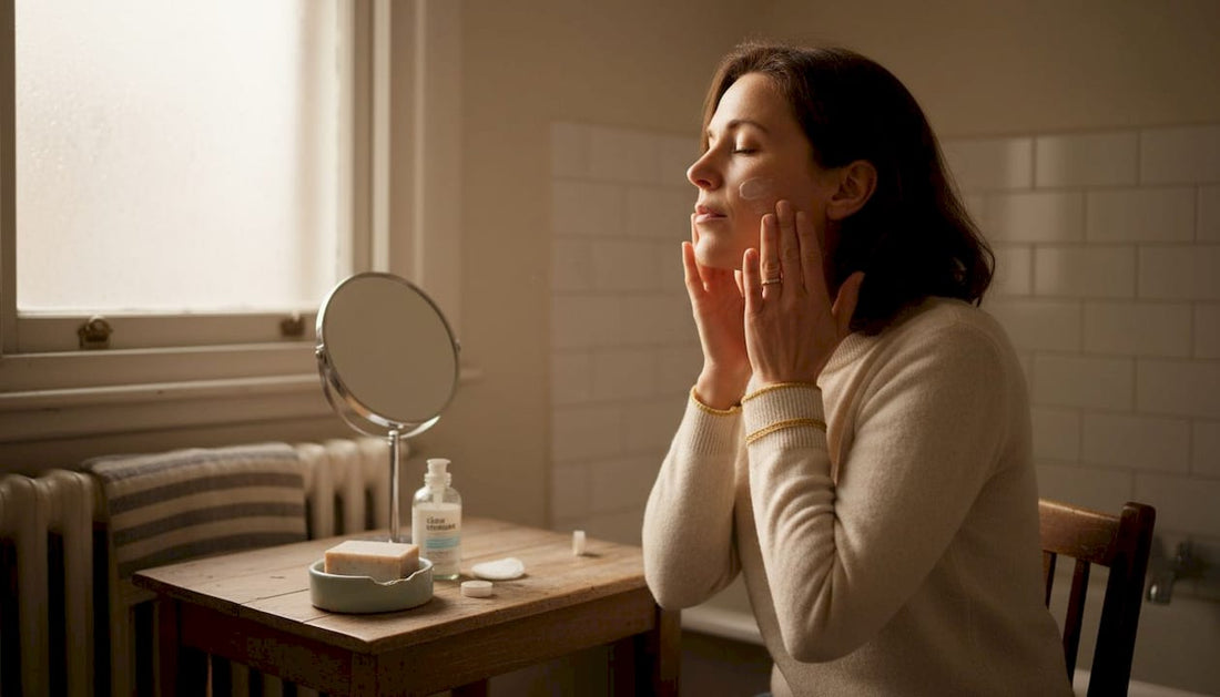 Une femme prend soin de sa peau devant le miroir, profitant de sa routine beauté du matin dans la salle de bain.