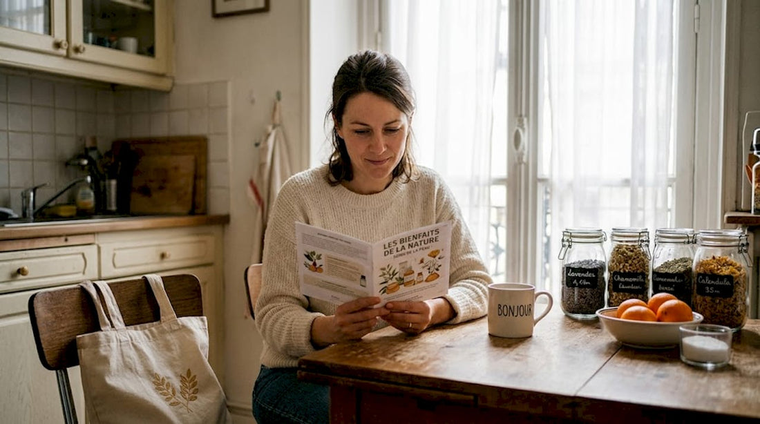 Une femme feuillette un livre sur les produits naturels, installée dans sa cuisine.