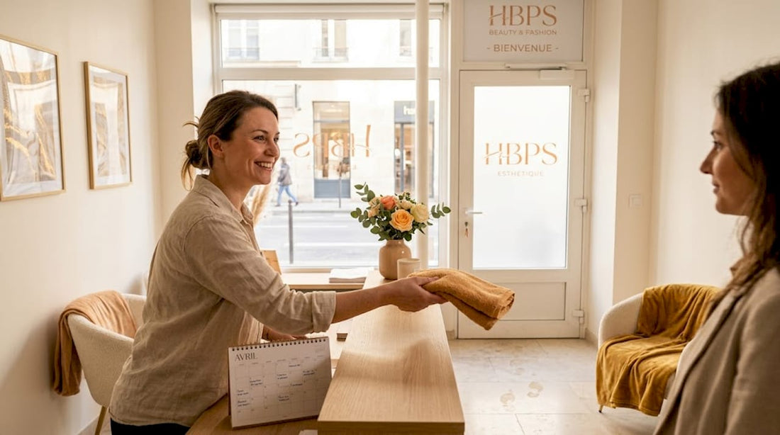 Une esthéticienne reçoit chaleureusement sa cliente dès son arrivée à l’institut, prête à lui offrir un moment de détente et de bien-être.