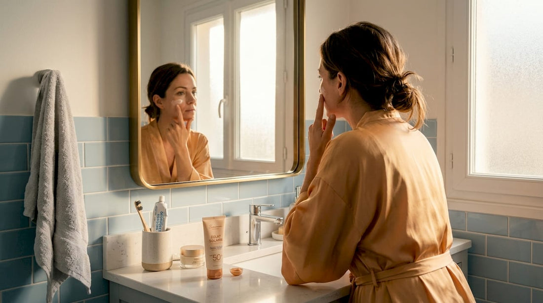 Une femme applique sa crème solaire devant le miroir de sa salle de bain, au petit matin.