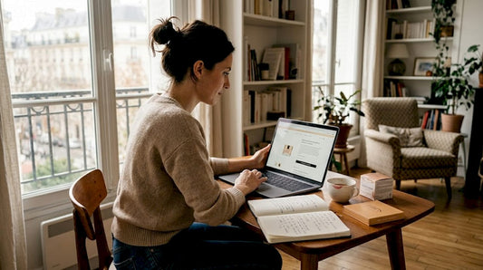 Une femme confortablement installée chez elle, parcourant des sites de cosmétiques pour commander ses produits de beauté en ligne.