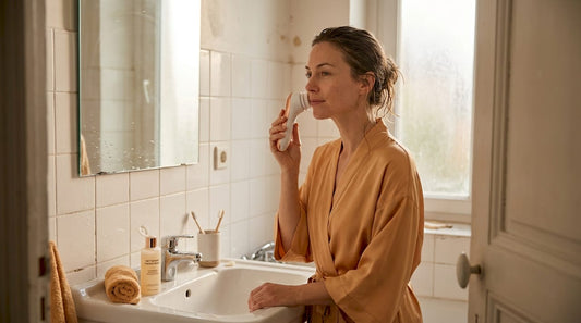 Une femme prend soin de sa peau en nettoyant son visage avec une brosse dans sa salle de bain.