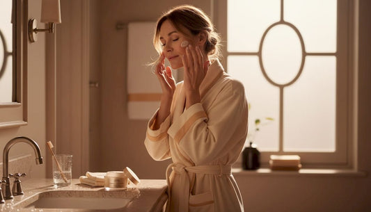 Une femme prend soin de sa peau en appliquant sa crème hydratante dans une salle de bain lumineuse.