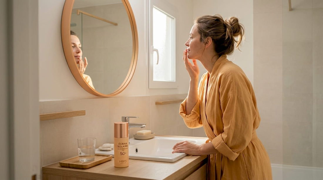 Une femme applique sa crème hydratante devant le miroir, profitant de sa routine matinale dans la salle de bain.