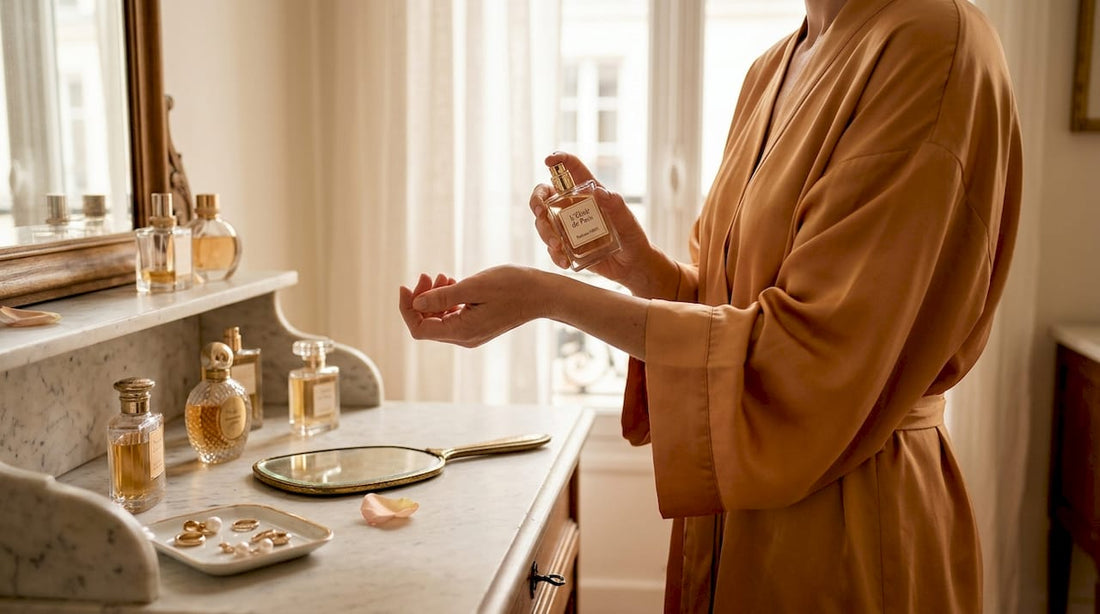 Une femme essaie un nouveau parfum devant sa coiffeuse en marbre, prenant le temps d’en apprécier chaque note.