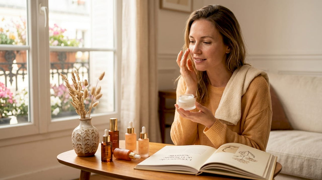 Une femme prend soin de sa peau en appliquant une crème hydratante naturelle, installée tranquillement à sa table de cuisine.