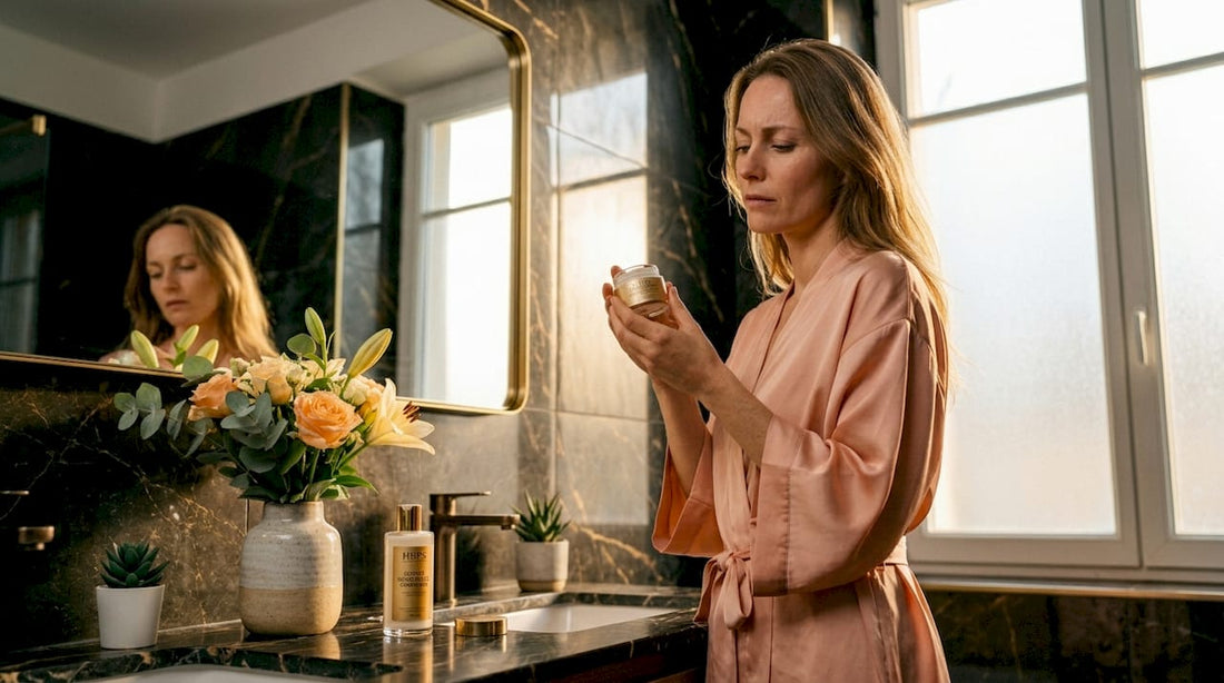 Une femme examine attentivement un pot de crème devant son miroir dans la salle de bains.