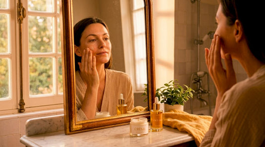 Une femme prend soin de sa peau en appliquant sa crème visage devant son miroir dans la salle de bain.