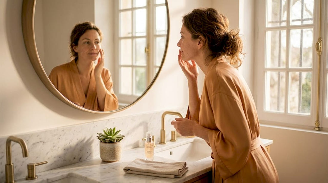 Une femme commence sa routine beauté du matin tranquillement chez elle.