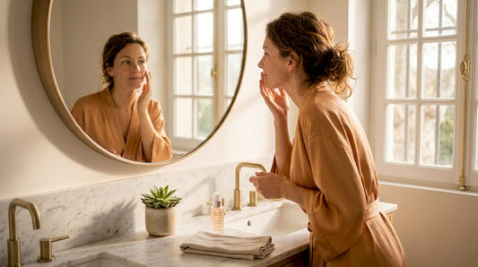 Une femme commence sa routine beauté du matin tranquillement chez elle.
