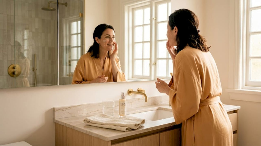 Chaque matin, une femme prend soin de sa peau en appliquant sa crème hydratante dans la salle de bain, un geste essentiel de sa routine beauté.