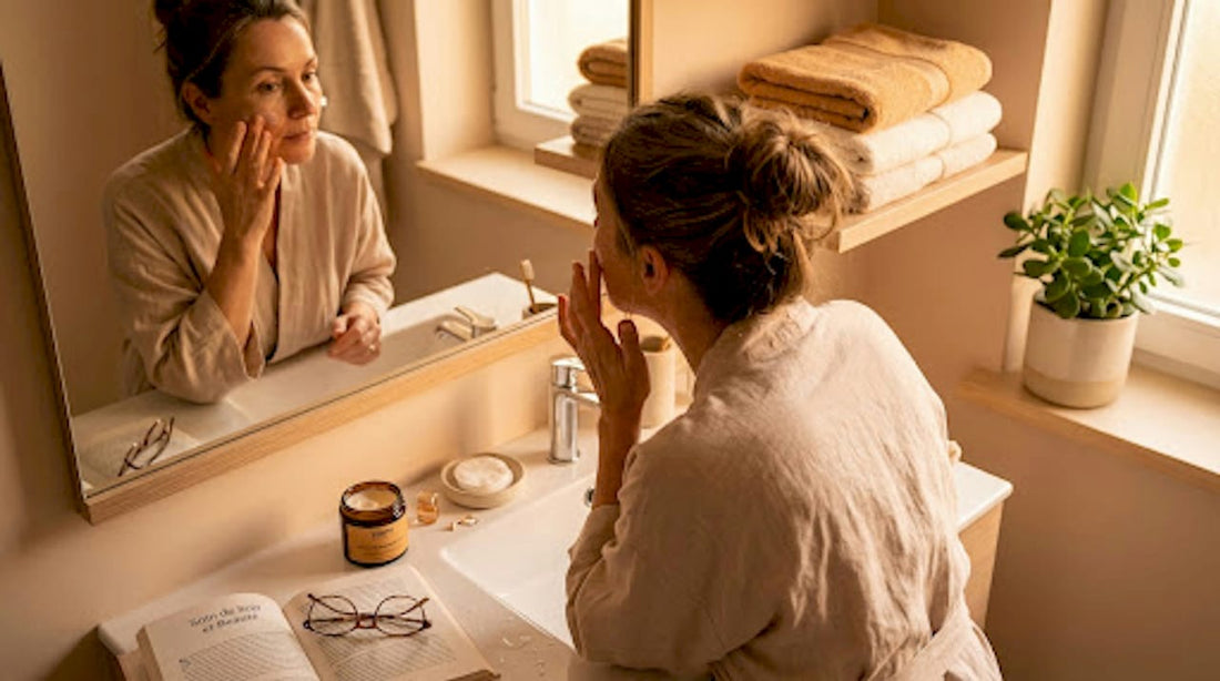 Une femme d'âge mûr prend soin de sa peau en appliquant sa crème hydratante devant le miroir de sa salle de bain.