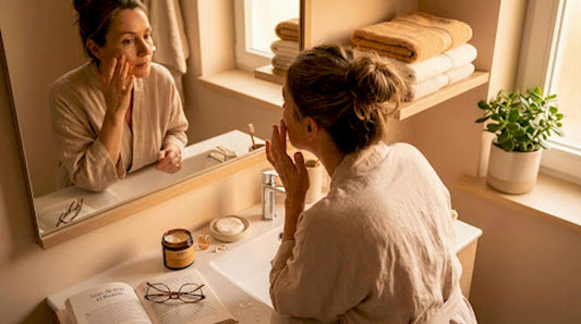 Une femme d'âge mûr prend soin de sa peau en appliquant sa crème hydratante devant le miroir de sa salle de bain.