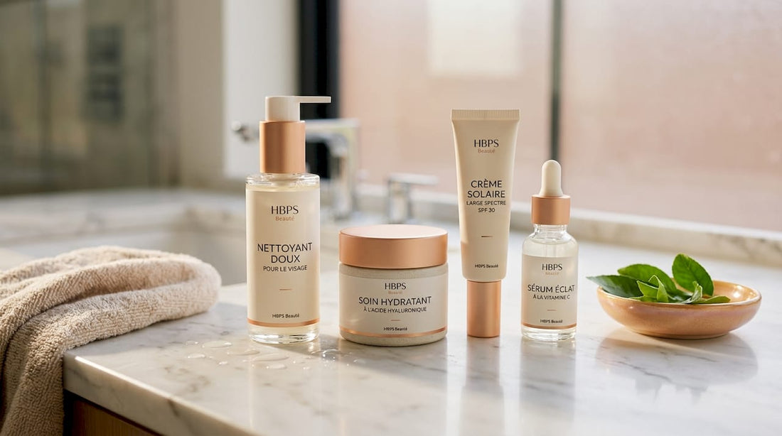 Quatre indispensables de la routine beauté posés sur un élégant plateau en marbre