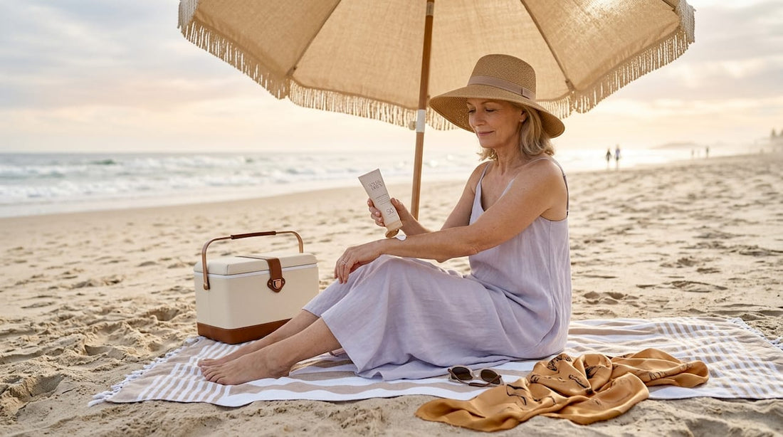 Sur la plage, une femme s'applique de la crème solaire pour protéger sa peau du soleil.