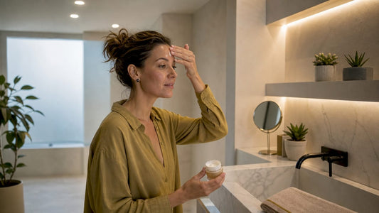 Chaque matin, une femme prend soin de sa peau en appliquant sa crème hydratante sur le visage.